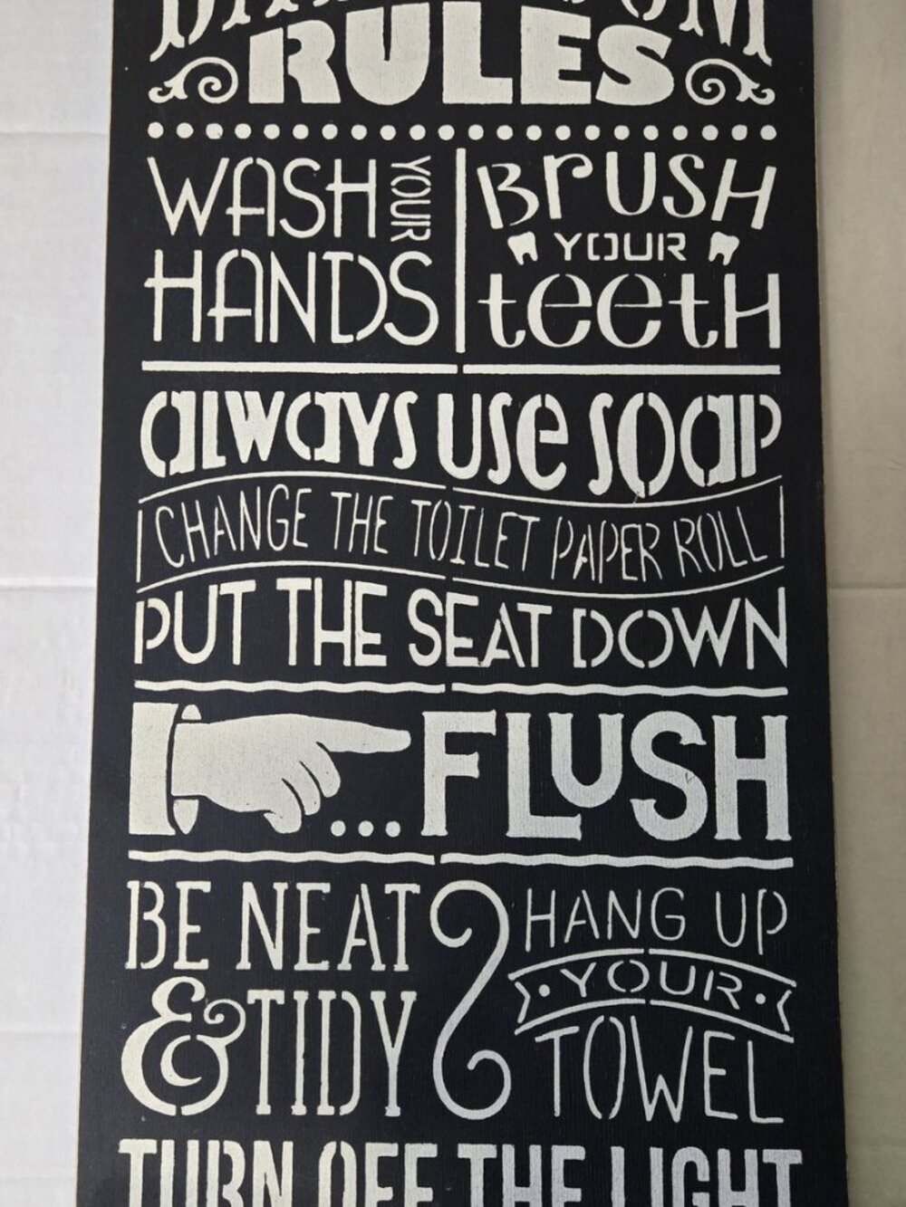 Bathroom Rules Wood Wall Sign Black & Cream 24" x 11.5" Farmhouse Decor